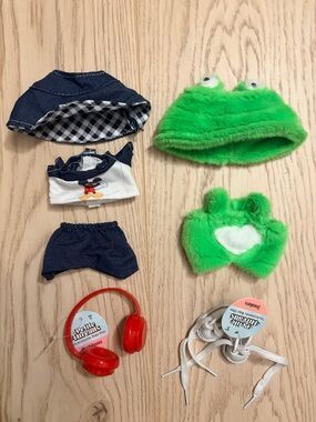 Labubu Bundle: Frog Outfit, Mickey Tee, Petite Threads Shoes & Headphones